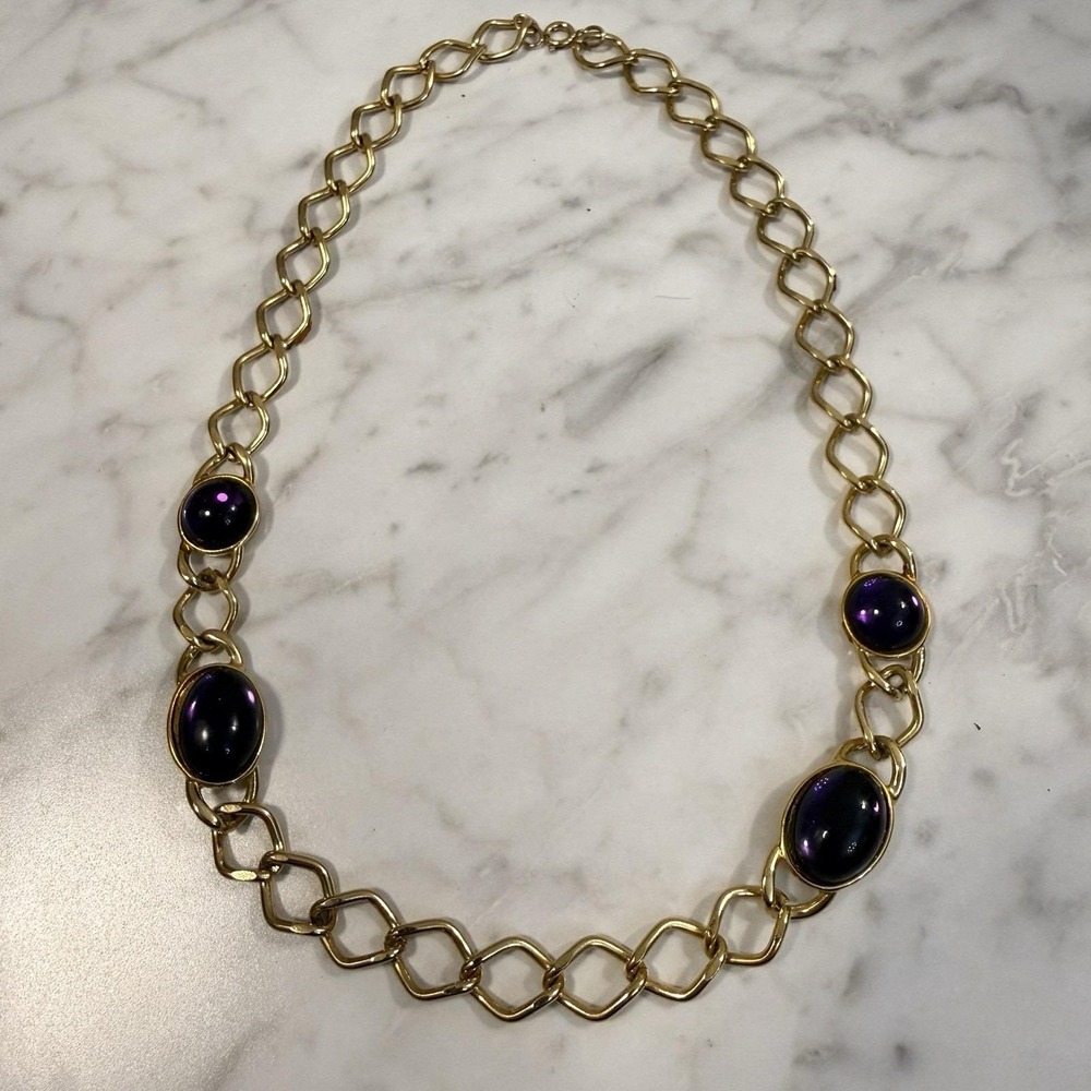 Vintage Purple Jelly Lucite Cabochon Gold Tone Chunky Chain Necklace 19"
